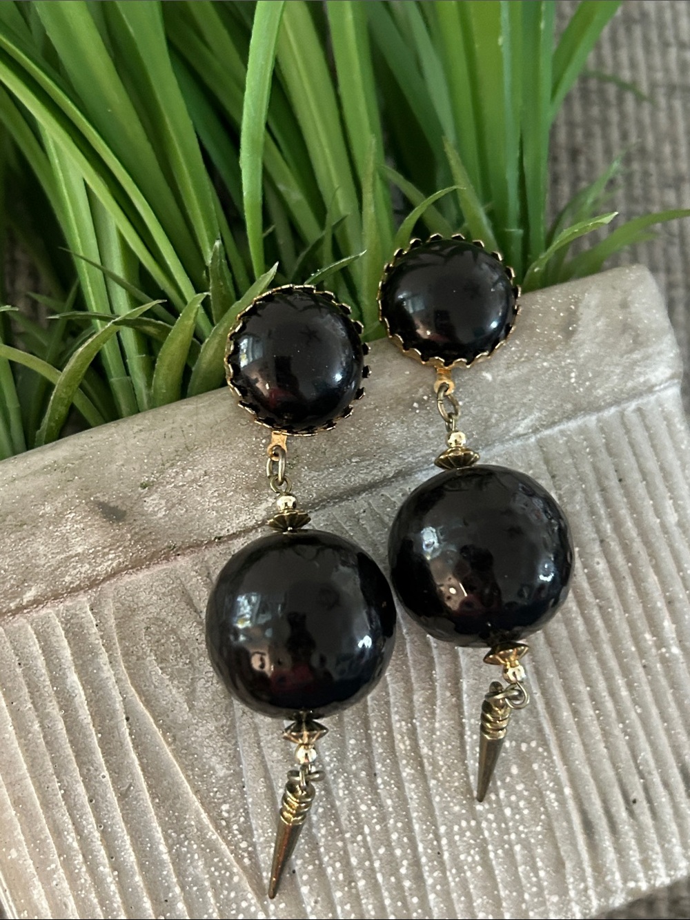 Chunky black balls Gold-Tone Drop Earrings - Women's Fashion Jewelry with spikes